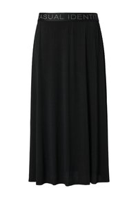 Black pleated skirt with a wide elastic waistband featuring silver "CASUAL IDENTITIES" text. Lightweight fabric, floor-length design.