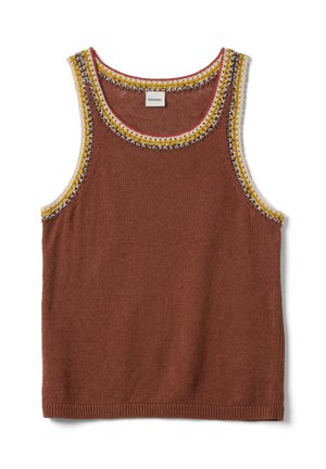 Sleeveless brown knit tank top with multicolored crocheted trim in yellow, white, and red around neckline and armholes.