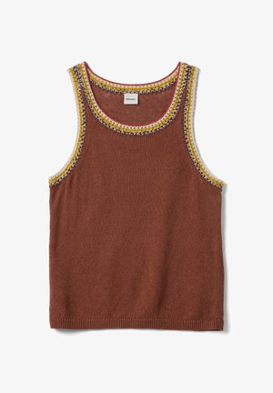 Sleeveless brown knit tank top with multicolored crocheted trim in yellow, white, and red around neckline and armholes.