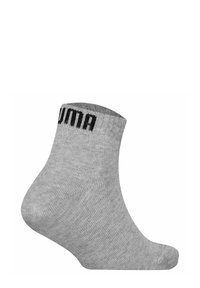 Calzino alla caviglia in cotone grigio con risvolto a coste e logo nero. Presenta una texture liscia e un design aderente per il massimo comfort.