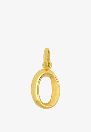 Ciondolo in oro a forma della lettera "O" con finitura liscia e lucida e un anello per attaccarlo a una catena o collana.