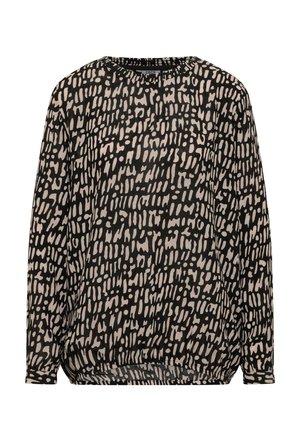 Czarna i kremowa bluzka z długim rękawem w abstrakcyjny wzór, z okrągłym dekoltem i luźnym krojem, z marszczeniami przy dolnym brzegu.