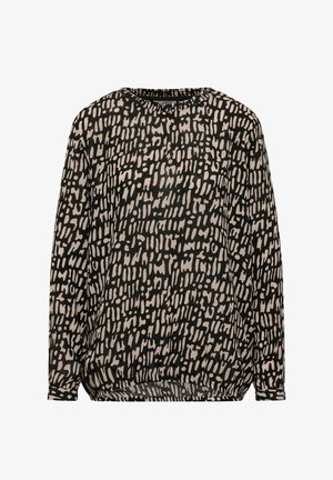 Musta ja kermanvärinen pitkähihaisen yläosa, jossa on abstrakti kuvio, pyöreä pääntie ja rento istuvuus. Helmassa on kerättyjä yksityiskohtia.