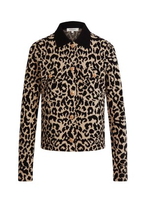 Veste en imprimé léopard avec col noir et boutons décoratifs dorés, dotée de deux poches poitrine avec rabats à boutons.