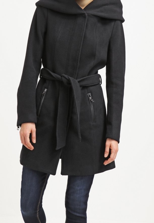 Black coat with a hood, belted waist, and two zippered pockets. Features a textured fabric and a streamlined silhouette.