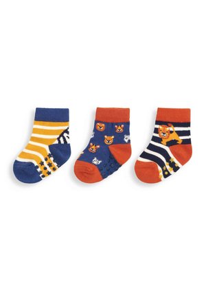 Trois paires de chaussettes pour tout-petits : bleu marine avec des rayures jaunes, bleu avec des visages d'animaux et orange avec des rayures noires et blanches. Matériau en tricot doux.