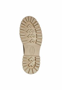 Kumipohja vaaleanbeigeissä, jossa on teksturoitu, karkea kuviointi geometrisilla muodoilla, jotka tarjoavat pitoa ja kestäväisyyttä.