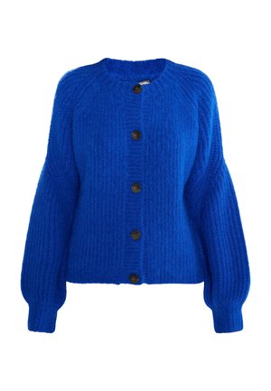 Heldere blauwe gebreide cardigan met ribbelstructuur, ronde halslijn en zes donkere knopen aan de voorkant. Heeft brede mouwen en een cropped pasvorm.