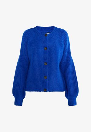 Heldere blauwe gebreide cardigan met ribbelstructuur, ronde halslijn en zes donkere knopen aan de voorkant. Heeft brede mouwen en een cropped pasvorm.