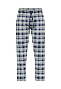 Navy and white plaid pajama pants with an elastic waistband and drawstring. Features straight legs and a soft, textured fabric.