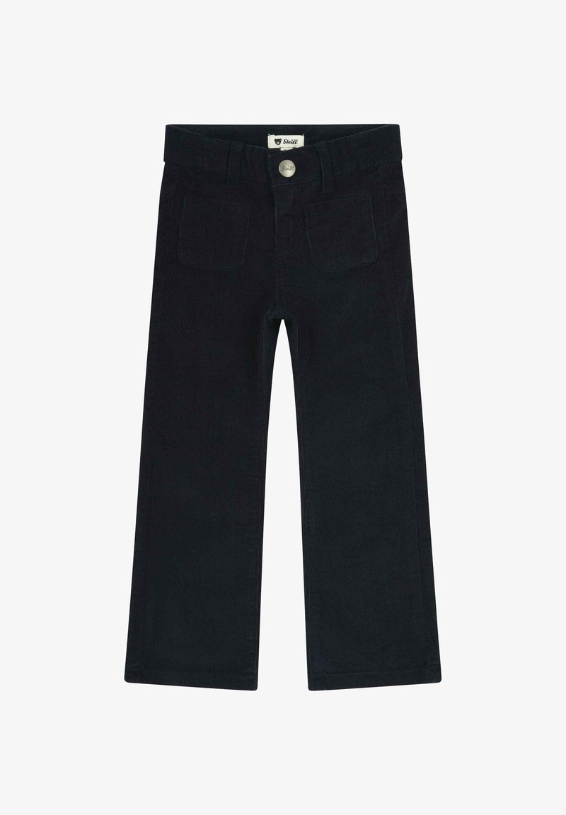 Donkerblauwe wijde broek van katoen, met een knoopsluiting, zijzakken en een strak, ongecompliceerd ontwerp.