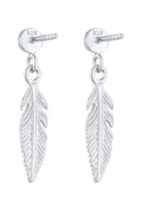 Pendientes en forma de pluma plateada con textura detallada, presentan un acabado pulido y cierre de presión. Marcados con "925" para plata de ley.