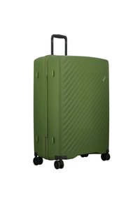 Groene harde koffer met diagonale groeven, uitgerust met een telescoophandvat en vier zwarte spinnerwielen voor mobiliteit.