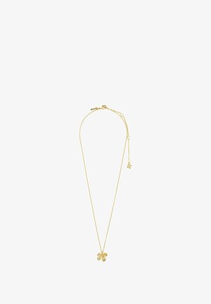 Goldkette mit einer filigranen Kette und einem blumenförmigen Anhänger mit vier Blütenblättern und einem kleinen Anhänger, der eine polierte Oberfläche aufweist.