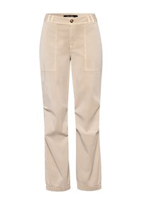 Beige Baumwollhosen mit geradem Bein, ausgestattet mit vorderen Taschen, genähten Akzenten und einem Knopfverschluss am Bund.