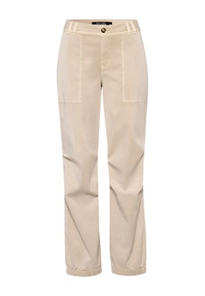 Beige Baumwollhosen mit geradem Bein, ausgestattet mit vorderen Taschen, genähten Akzenten und einem Knopfverschluss am Bund.