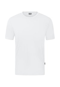 Witte katoen T-shirt met korte mouwen, een ronde halslijn en een klein logo-label aan de zijkant. Soepele textuur en eenvoudig ontwerp.