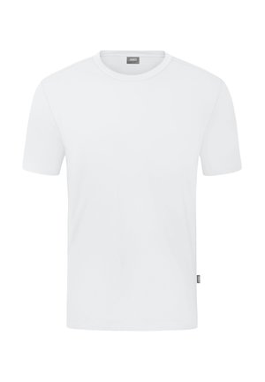 Weißes Baumwoll-T-Shirt mit kurzen Ärmeln, rundem Halsausschnitt und einem kleinen Logoprint an der Seite. Glatte Textur und schlichtes Design.