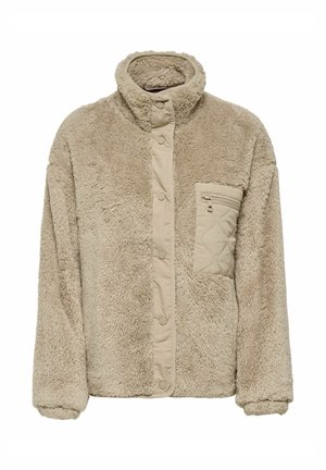 Beige høypels fleecejakke med knappestolpe foran og vattert brystlomme med glidelås, lange ermer og opprettstående krage.