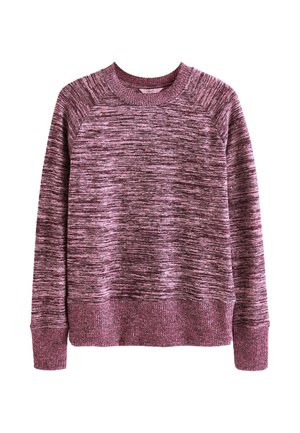 Pull à manches longues col rond en maille chinée violette avec poignets et ourlet côtelés, présenté sur fond blanc.