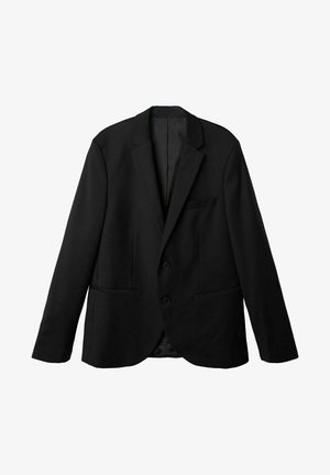 Blazer negro hecho de tela suave, con dos botones, solapa tipo muesca y dos bolsillos frontales con un solo bolsillo en el pecho.