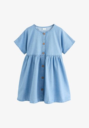 Svijetloplava kratka haljina od trapera s okruglim vratom i šest smeđih gumbića sprijeda.