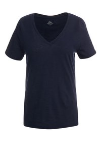 Camiseta de pico en azul marino, hecha de algodón vintage. Mangas cortas, corte relajado y una textura suave y ligera. Diseño minimalista.