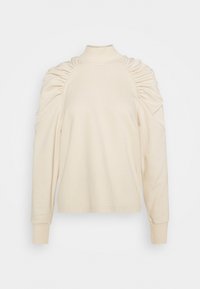Pullover di colore crema con collo alto, dettagli arricciati sulle spalle e maniche lunghe. Tessuto morbido con una texture liscia.