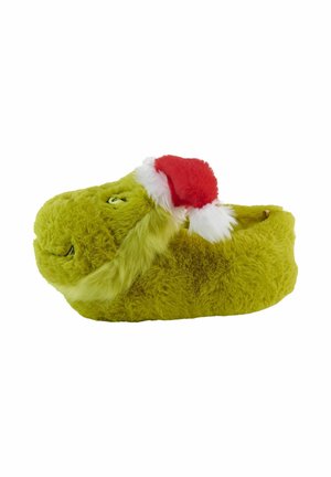 Pantofola verde in peluche a forma di personaggio, con un cappello di Babbo Natale rosso e dettagli in finta pelliccia bianca. Texture morbida con dettagli del viso ricamati.