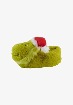 Pantofola verde in peluche a forma di personaggio, con un cappello di Babbo Natale rosso e dettagli in finta pelliccia bianca. Texture morbida con dettagli del viso ricamati.