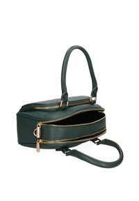 Borsa a tracolla in ecopelle verde con due manici, zip dorate, forma strutturata e un compartimento aperto con finitura testurizzata.