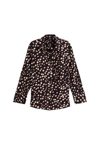Czarna koszula z długim rękawem, z abstrakcyjnym wzorem w białe i beżowe pędzle. Wykonana z gładkiego materiału.