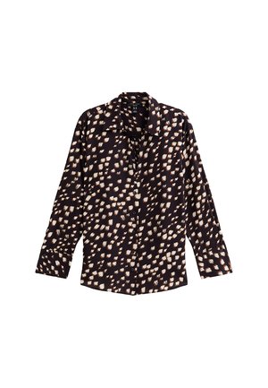 Camicia nera con bottoni e maniche lunghe, caratterizzata da un motivo astratto di pennellate bianche e beige su tutta la superficie. Realizzata in tessuto liscio.