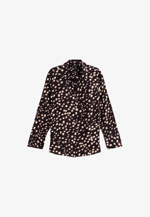 Camicia nera con bottoni e maniche lunghe, caratterizzata da un motivo astratto di pennellate bianche e beige su tutta la superficie. Realizzata in tessuto liscio.