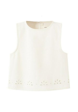 Haut court blanc sans manches avec encolure ronde, fermeture éclair au dos et motif floral découpé le long de l'ourlet inférieur.