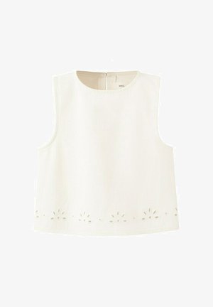 Haut court blanc sans manches avec encolure ronde, fermeture éclair au dos et motif floral découpé le long de l'ourlet inférieur.