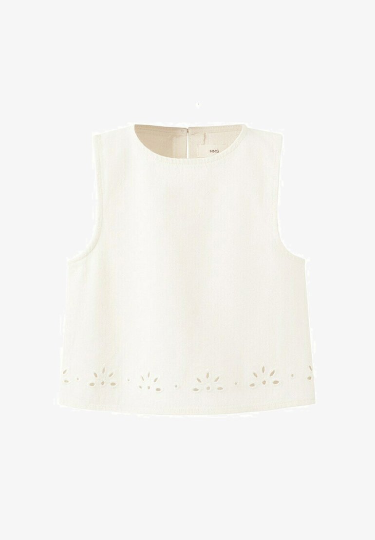 Biely bezrukávový crop top s okrúhlym výstrihom, zadným zipsom a vyrezávaným kvetinovým vzorom pozdĺž spodného okraja.