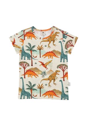 Children's short-sleeve shirt with colorful dinosaur, volcano, and palm tree illustrations on a light background.