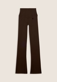 Leggings marroni svasati con alta vita, realizzati in tessuto elasticizzato. Dettagli notevoli includono cuciture circolari sul retro.