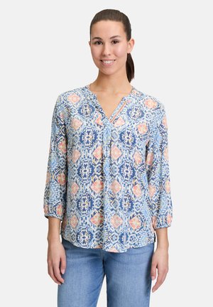 Leichte, gemusterte Bluse in Blau-, Pink- und Cremetönen, mit V-Ausschnitt und Dreiviertelärmel, aus weichem Stoff.