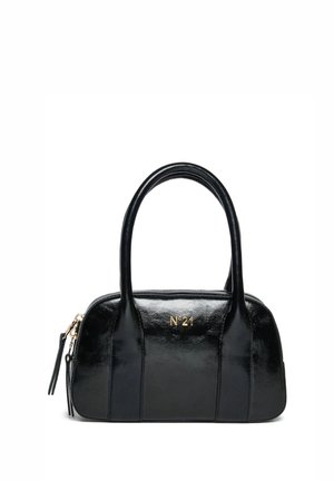 Czarna lakierowana skórzana torebka z podwójnymi uchwytami, złotym suwakiem i złotym logo "N°21" na froncie pośrodku.