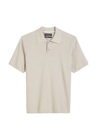 Beige polo shirt made of textured fabric. Features a classic collar, three-button placket, and short sleeves.
