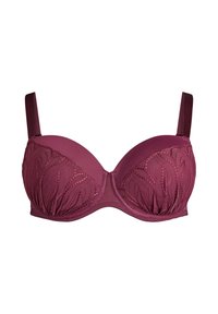 Mauve rintaliivi, jossa on tukikaaria ja muotoillut kupit. Kupit koristeltu brodeeratulla lehtikuviolla ja ohuilla säädettävillä olkaimilla. Silkkinen pinta.