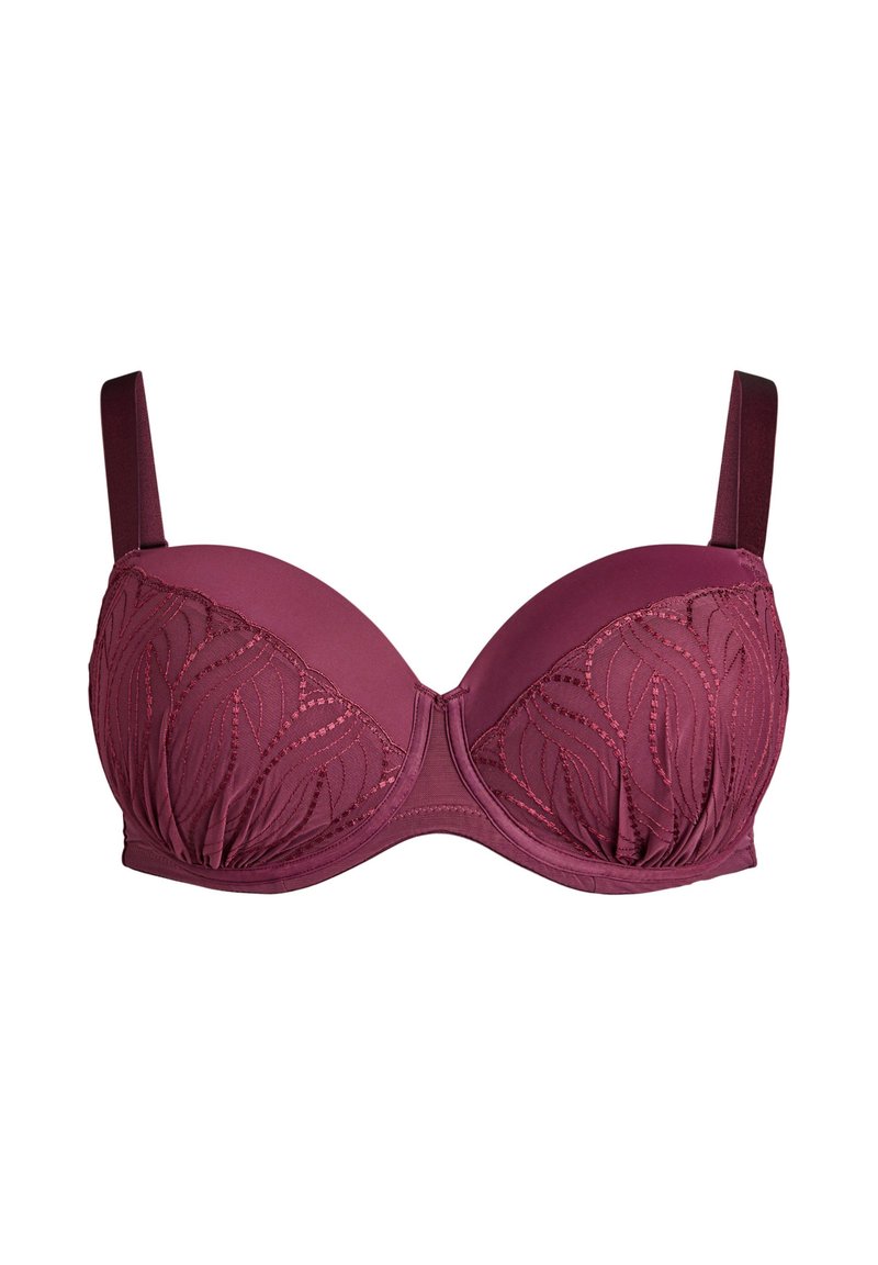 Mauve rintaliivi, jossa on tukikaaria ja muotoillut kupit. Kupit koristeltu brodeeratulla lehtikuviolla ja ohuilla säädettävillä olkaimilla. Silkkinen pinta.