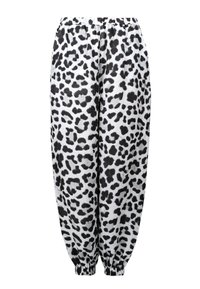 Leopard print joggers, featuring a black and white pattern, elastic waistband, and gathered cuffs at the ankles. Soft fabric texture.