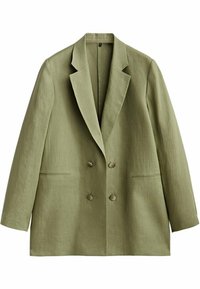 Olive green, double-breasted blazer made of textured linen. Features a notched collar, two front pockets, and button detailing.