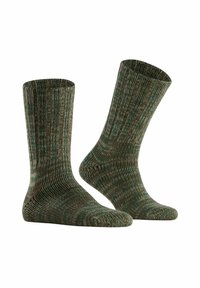 Calzini verdi e marroni con motivo, realizzati in tessuto testurizzato, con un design a coste e un'altezza elevata per calore e comfort.