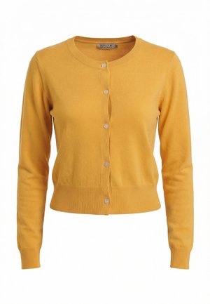 Cárdigan amarillo de manga larga con botones, cuello redondo y puños y dobladillo acanalados, con etiqueta Molly Bracken.