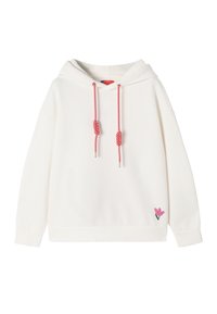 Sudadera blanca con mangas largas, cordones retorcidos en rosa y naranja con nudos, y pequeño bordado de flores rosas cerca del dobladillo.