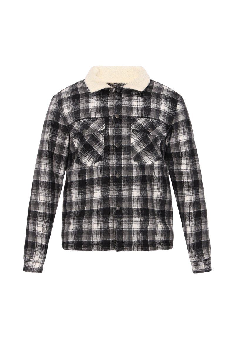 Zwart-wit geruite overhemdjas met een fluffy crèmekleurige kraag, voorzien van twee borstzakken en een knoopsluiting, gemaakt van een zachte stof.